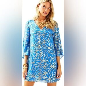 Lilly Pulitzer #25064 Women's Blue Gold Miri Silk Caftan Dress Size 6